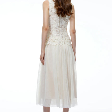 Alice Neutral Floral Applique Lace Midi Dress