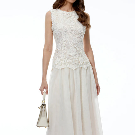 Alice Neutral Floral Applique Lace Midi Dress