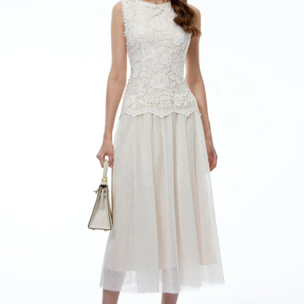Alice Neutral Floral Applique Lace Midi Dress