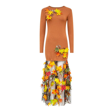 Alice wearing Orange Vintage Punk Prairie Chic Dress with Long Sleeves and Round Neckline made of Viscose Polyester Blend Knit Fabric Appliques Flowers Contrast Binding Ideal for Summer Spring Fall Seasons