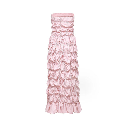 Alice Pink Midi Dress with Pleated Puff Sleeves and Flounce Hem