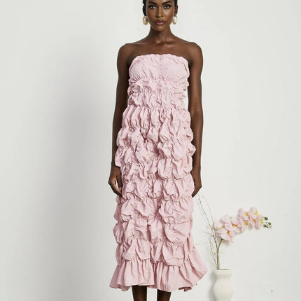 Alice Pink Midi Dress Pleated Puff Sleeves Flounce Hem Off-The-Shoulder Silhouette Intricate Pleat Design Rear Zip Fastening Luxury Refinement Statement Piece Grace Style