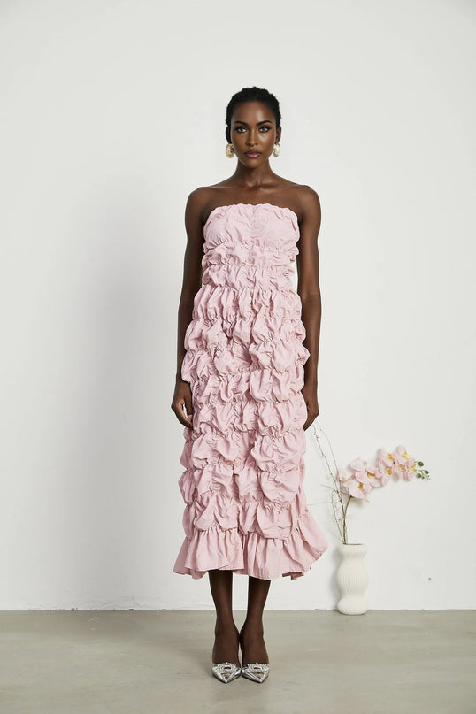 Alice Pink Midi Dress Pleated Puff Sleeves Flounce Hem Off-The-Shoulder Silhouette Intricate Pleat Design Rear Zip Fastening Luxury Refinement Statement Piece Grace Style