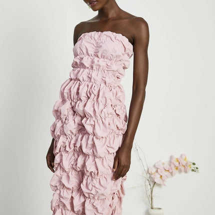 Alice Pink Midi Dress Pleated Puff Sleeves Flounce Hem Off-the-Shoulder Silhouette Intricate Pleat Design Rear Zip Fastening Luxury Refinement Statement Piece Grace Style