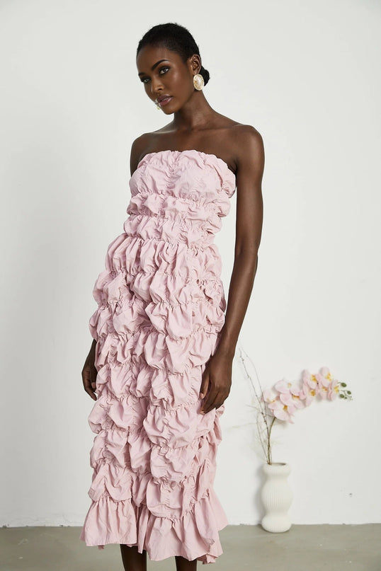 Alice Pink Midi Dress Pleated Puff Sleeves Flounce Hem Off-the-Shoulder Silhouette Intricate Pleat Design Rear Zip Fastening Luxury Refinement Statement Piece Grace Style