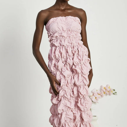 Alice Pink Pleated Puff Sleeve Flounce Hem Off-the-Shoulder Midi Dress