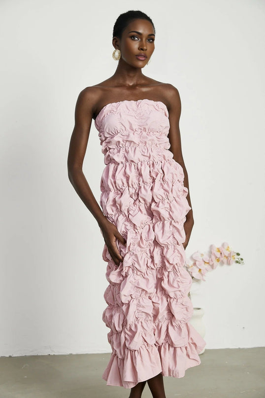 Alice Pink Pleated Puff Sleeve Flounce Hem Off-the-Shoulder Midi Dress