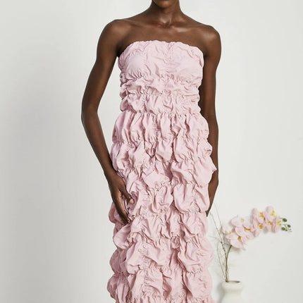 Alice Pink Pleated Puff Sleeve Midi Dress