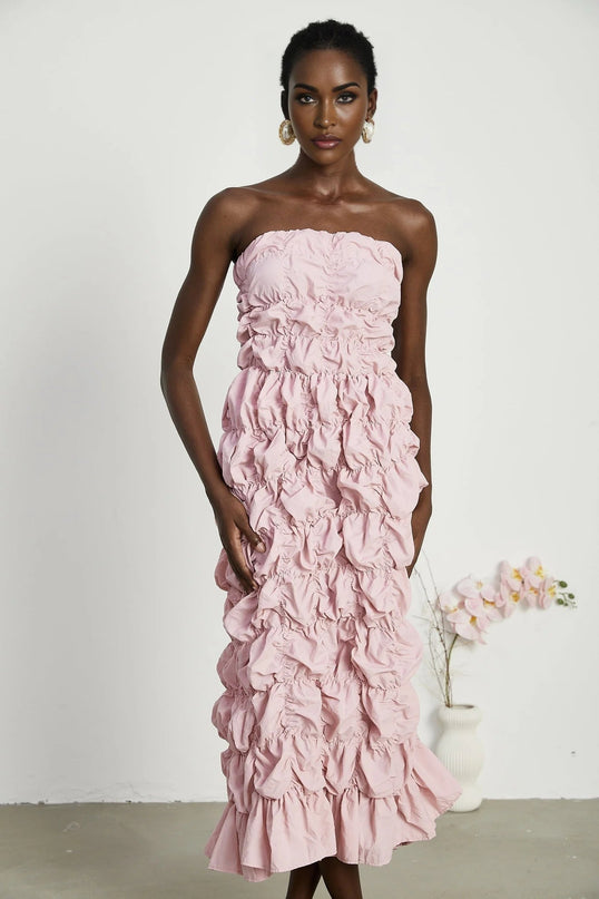 Alice Pink Pleated Puff Sleeve Midi Dress