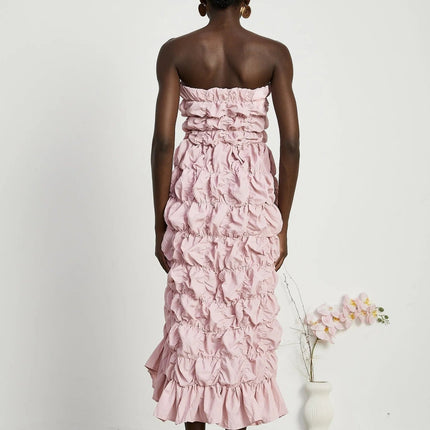 Alice Pink Pleated Puff Sleeve Midi Dress