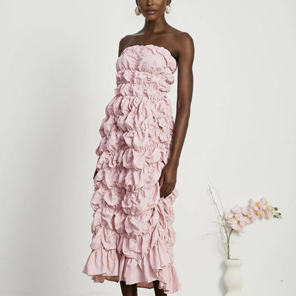 Alice Pink Pleated Puff Sleeve Midi Dress