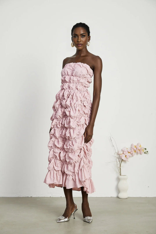 Alice Pink Pleated Puff Sleeve Midi Dress