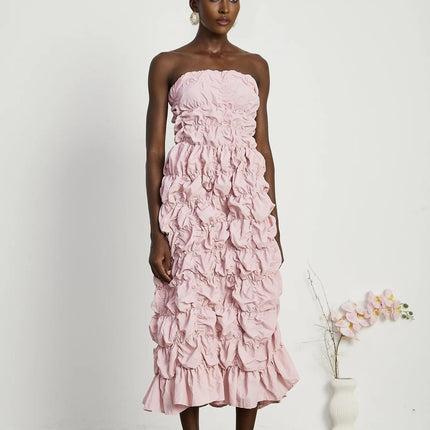 Alice Pink Pleated Puff Sleeve Midi Dress