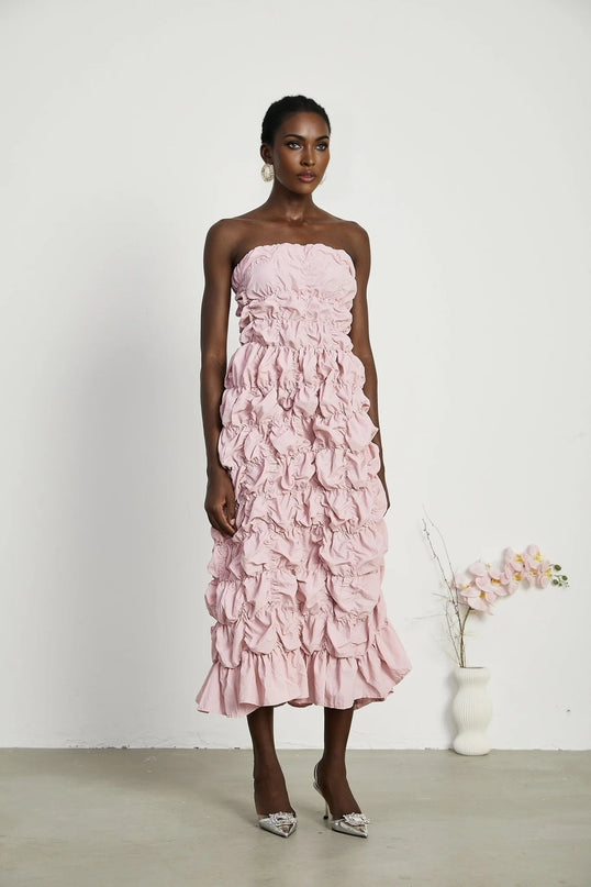 Alice Pink Pleated Puff Sleeve Midi Dress