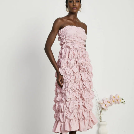 Alice Pink Pleated Puff Sleeve Midi Dress