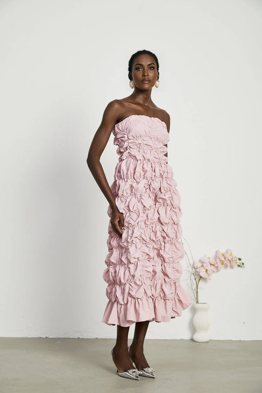 Alice Pink Pleated Puff Sleeve Midi Dress