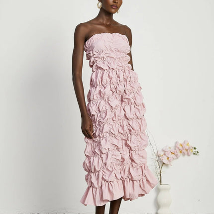 Alice Pink Pleated Puff Sleeve Midi Dress