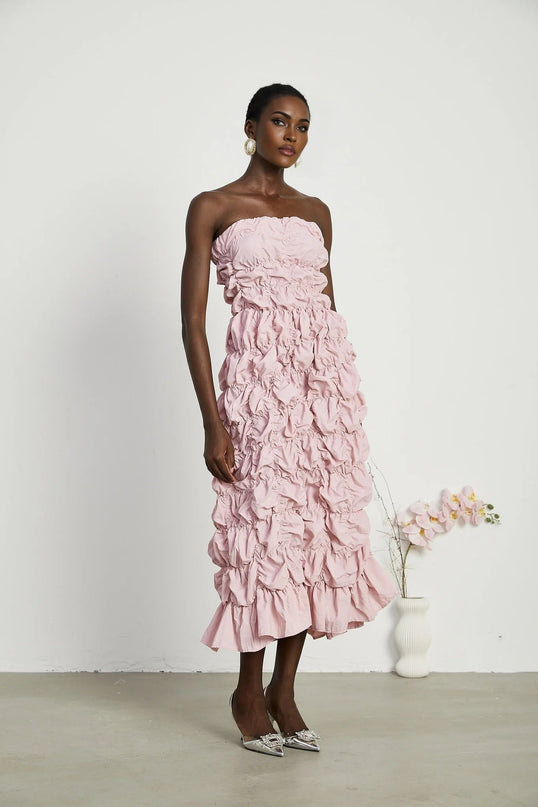 Alice Pink Pleated Puff Sleeve Midi Dress