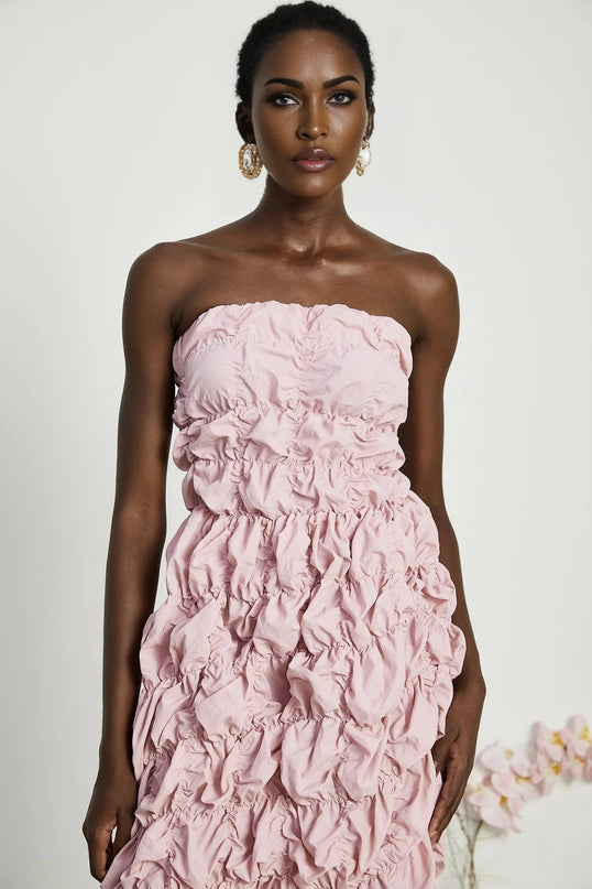 Alice Pink Pleated Puff Sleeve Midi Dress