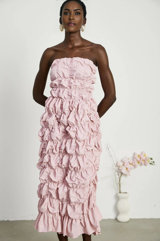 Alice Pink Pleated Puff Sleeve Midi Dress