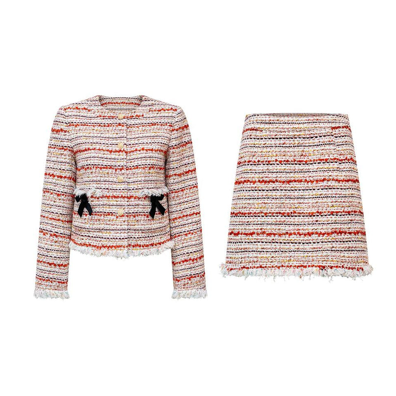 Alice wearing Pink Tweed Two Piece Set with Bead Details