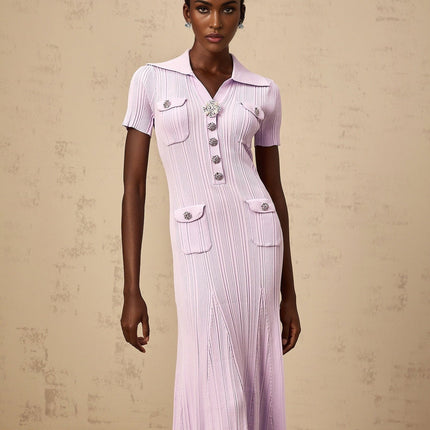 Alice Purple Crystal Embellished Midi Dress with Godet Design and Flap Pockets