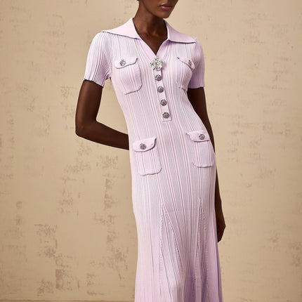 Alice Purple Crystal Embellished Midi Dress Godet Design Flap Pockets Knitted Construction Lapels Short Sleeves Press-Stud Fastening Viscose Nylon Blend