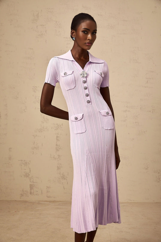 Alice Purple Crystal Embellished Midi Dress Godet Design Flap Pockets Knitted Construction Lapels Short Sleeves Press-Stud Fastening Viscose Nylon Blend