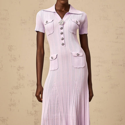 Alice Purple Crystal Embellished Midi Dress with Godet Design and Flap Pockets