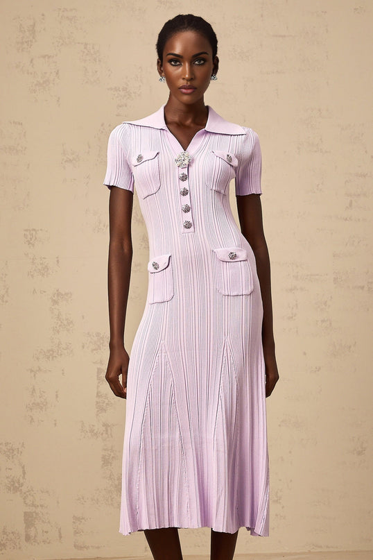 Alice Purple Crystal Embellished Midi Dress with Godet Design and Flap Pockets
