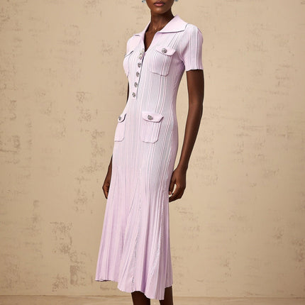 Alice Purple Crystal Embellished Midi Dress with Godet Design and Flap Pockets