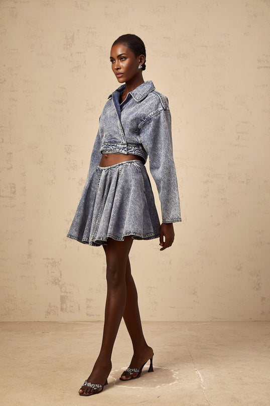 Alina Blue Denim Asymmetrical Cropped Jacket
