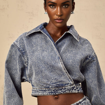 Alina Blue Denim Asymmetrical Cropped Jacket