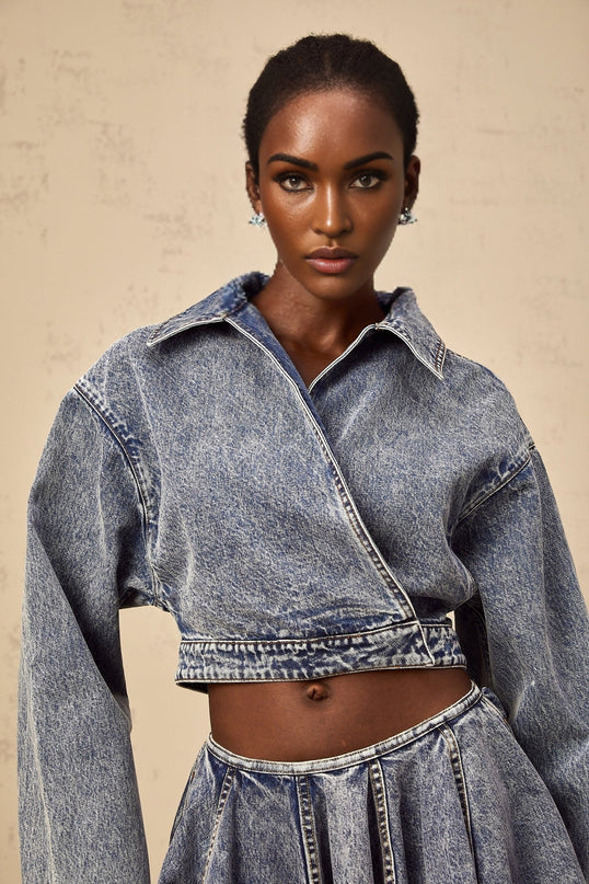Alina Blue Denim Asymmetrical Cropped Jacket
