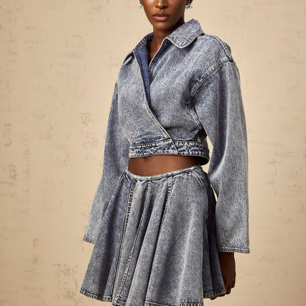 Alina Blue Denim Asymmetrical Cropped Jacket V-neck Notched Collar Long Sleeves