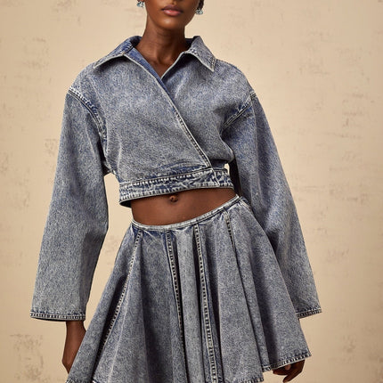 Alina Blue Denim Asymmetrical Cropped Jacket