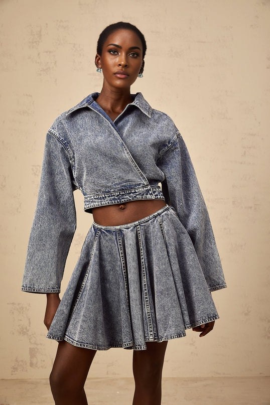 Alina Blue Denim Asymmetrical Cropped Jacket