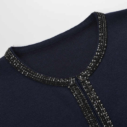 Alina Blue Knit Two Piece Suit with Decorative Buttons and Embellishments