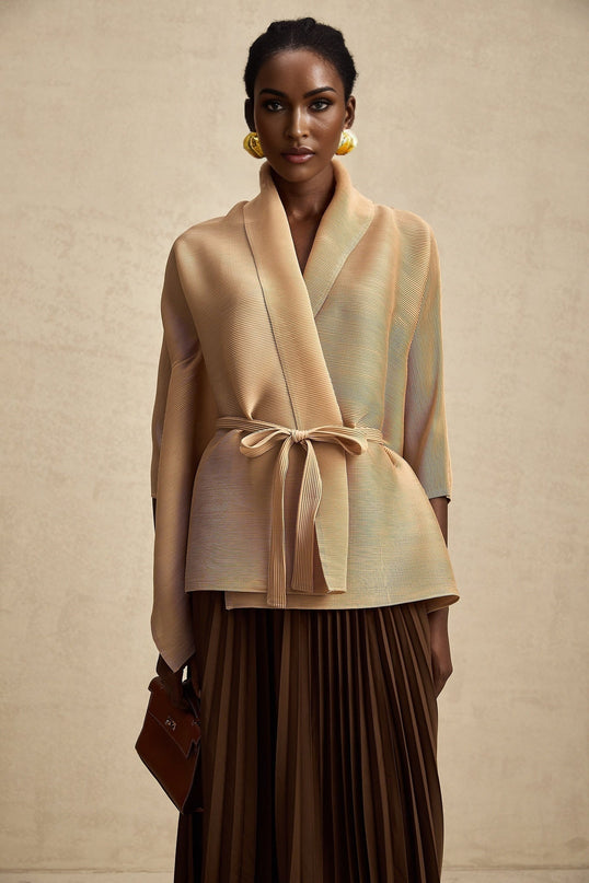 Alina Brown & Khaki Skirt Top Set Terylene Elegant Sophisticated V-neck Cape Design Pleated Maxi Elasticated Waistband Modern Glamour