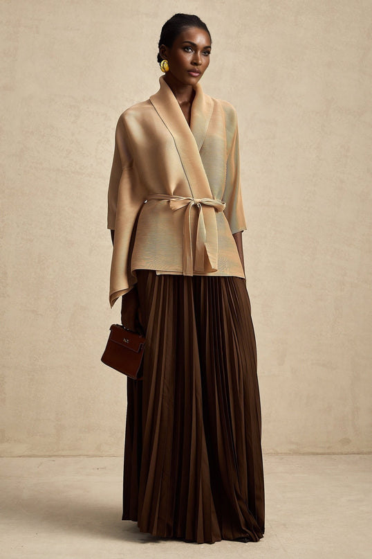 Alina Brown & Khaki Skirt Top Set Terylene Elegant Sophisticated V-Neck Cape Design Pleated Maxi Elasticated Waistband Modern Timeless Charm Impeccable Style Luxury Grace