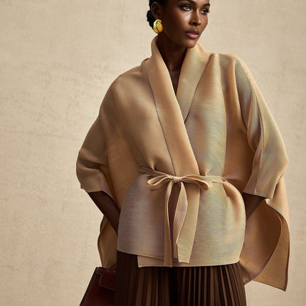 Alina Brown & Khaki Skirt Top Set Terylene Elegant Sophisticated Maxi Pleated V-Neck Cape Slit Sleeves Elasticated Waistband Modern Glamour Luxury Impeccable Style