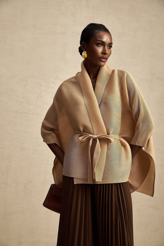 Alina Brown & Khaki Skirt Top Set Terylene Elegant Sophisticated Maxi Pleated V-Neck Cape Slit Sleeves Elasticated Waistband Modern Glamour Luxury Impeccable Style