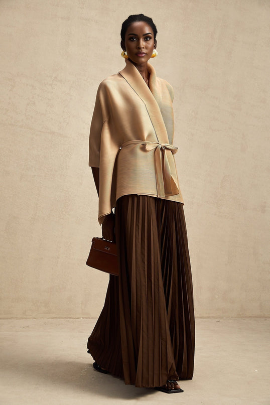 Alina Brown & Khaki Skirt Top Set Terylene Maxi Pleated V-Neck Cape Slit Sleeves Elasticated Waistband Modern Elegant Sophisticated Luxury Glamour