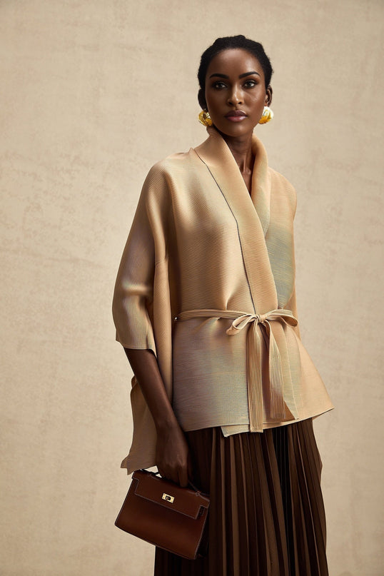 Alina Brown & Khaki Skirt Top Set Terylene V-Neck Cape Design Slit Sleeves Pleated Maxi Elasticated Waistband Modern Luxurious Elegant Sophisticated Timeless Charm Impeccable Style