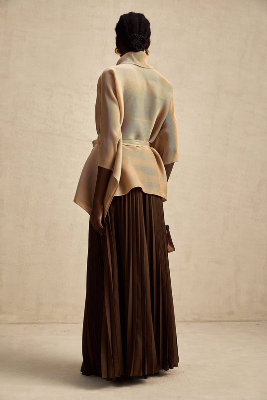 Alina Brown & Khaki Skirt Top Set Terylene V-Neck Cape Design Slit Sleeves Pleated Maxi Elasticated Waistband Maxi Length Luxury Elegant Sophisticated Timeless Modern Glamour