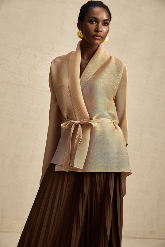 Alina Brown & Khaki Skirt Top Set Terylene V-Neck Cape Design Slit Sleeves Elasticated Waistband Maxi Length Luxurious Elegant Sophisticated Timeless Modern Glamour