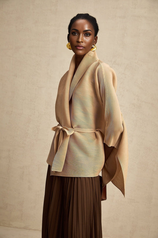 Alina Brown & Khaki Skirt Top Set Terylene V-Neck Cape Design Pleated Maxi Length Elasticated Waistband