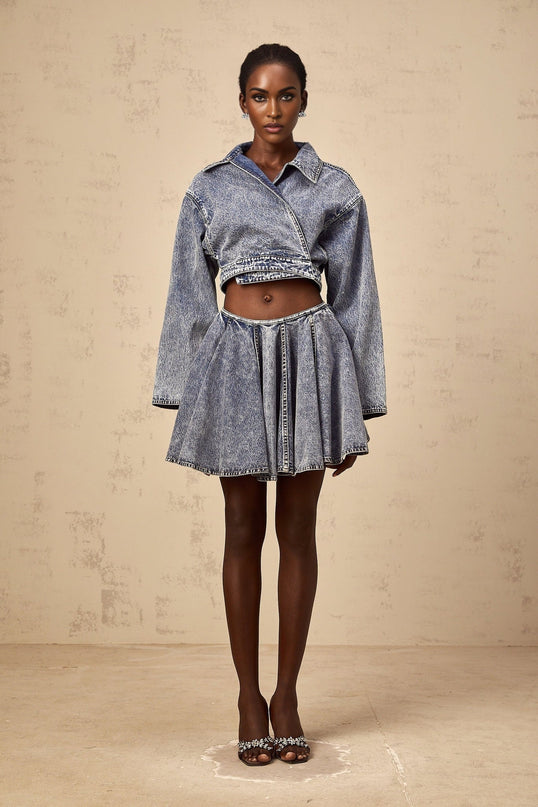 Alina Jacket Asymmetrical Cropped Blue Denim V-Neck Notched Collar Long Sleeve