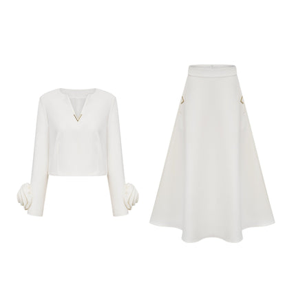 Alina White 3D Petal Embellished Skirt and Top Set