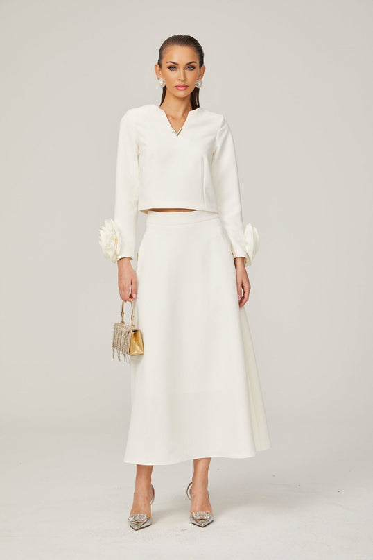 Alina White 3D Petal Embellished Skirt Top Set